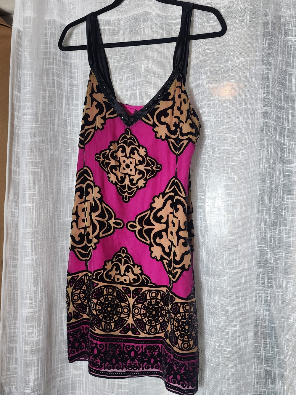 Hale Bob Fuchsia and Tan Printed V-Neck Mini Dress